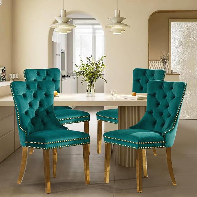 Velvet Upholstered Dining Chairs Set of 4, Modern Style Kitchen Side Chairs w...