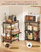 Feyejade 3-Tier Rolling Kitchen Cart with Storage, Compact Metal Island | Compact size for pantry storage, adjustable shelf utility cart, pull out drawer, microwave stand table top open shelving