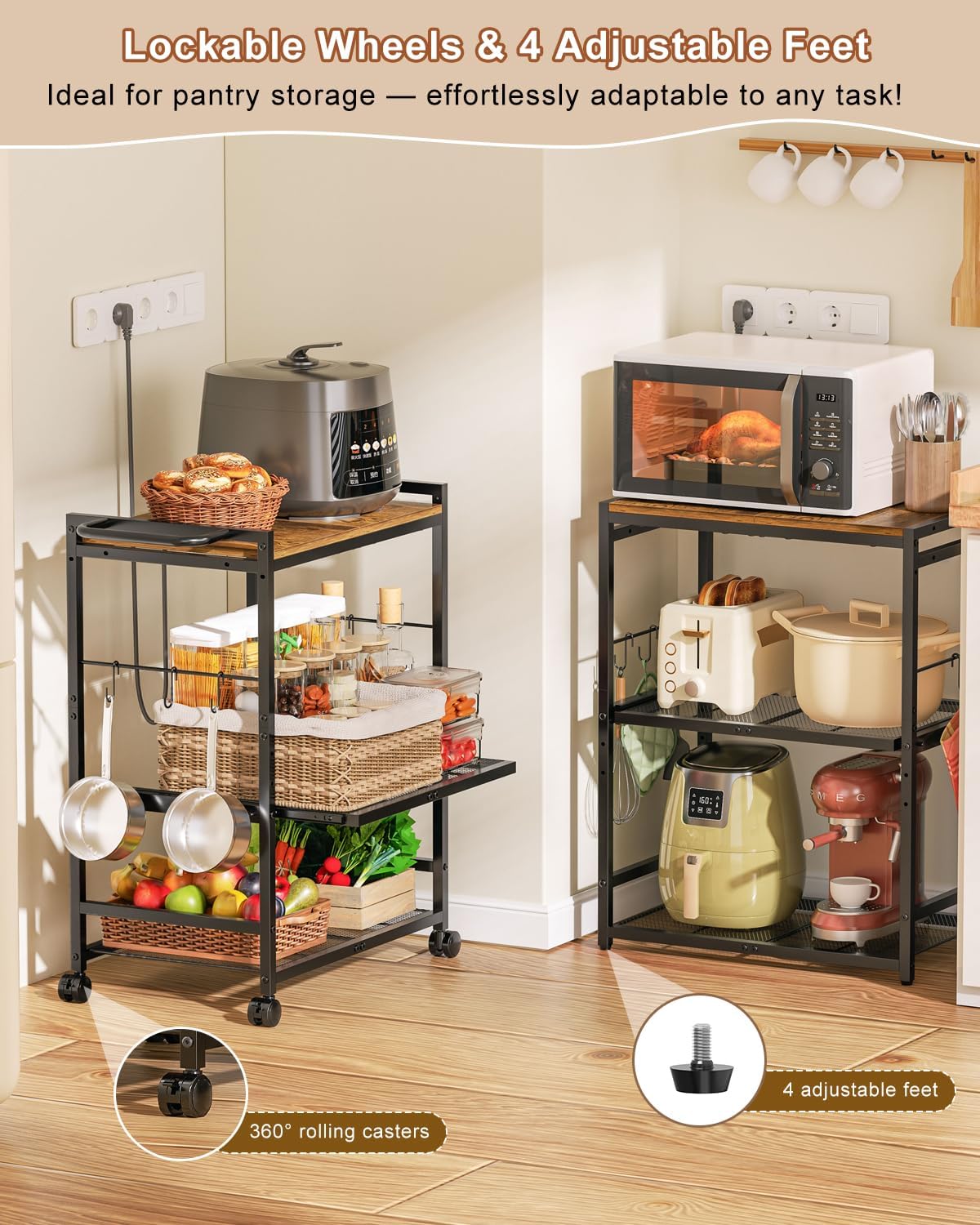 Feyejade 3-Tier Rolling Kitchen Cart with Storage, Compact Metal Island | Compact size for pantry storage, adjustable shelf utility cart, pull out drawer, microwave stand table top open shelving