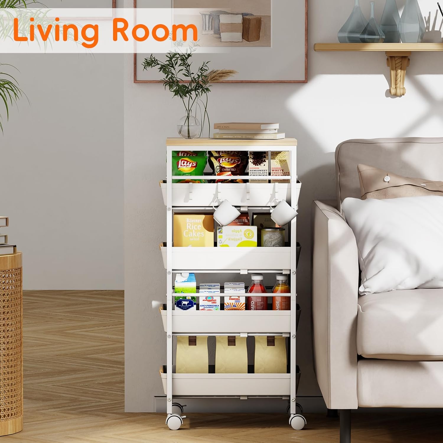 5-Tier Kitchen Storage Cart, Wood Top Rolling Cart Organizer with Pull-Out Baskets & Wheels, Metal Snack Cart with Holder for Fruit, Vegetable, Microwave, Kitchen, Pantry, White