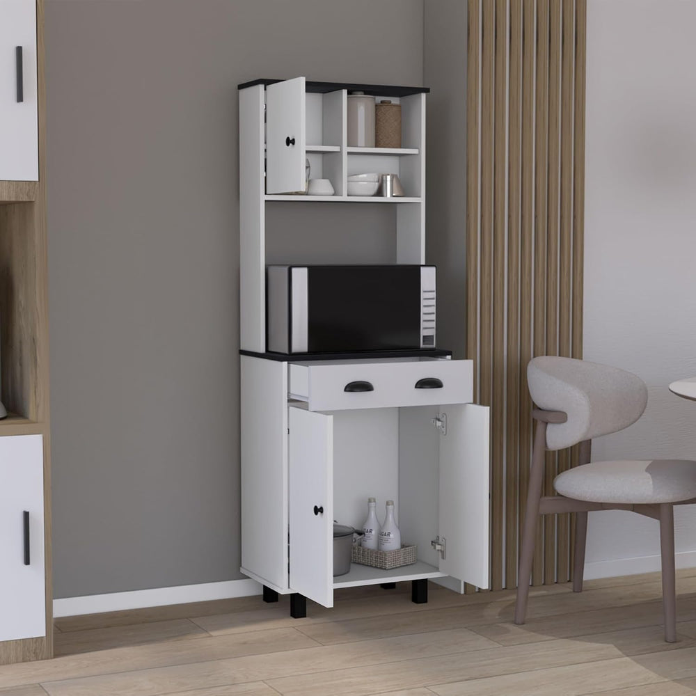 67" H Kitchen Pantry with Two Cabinets, Two Open Shelves, and One Drawer...