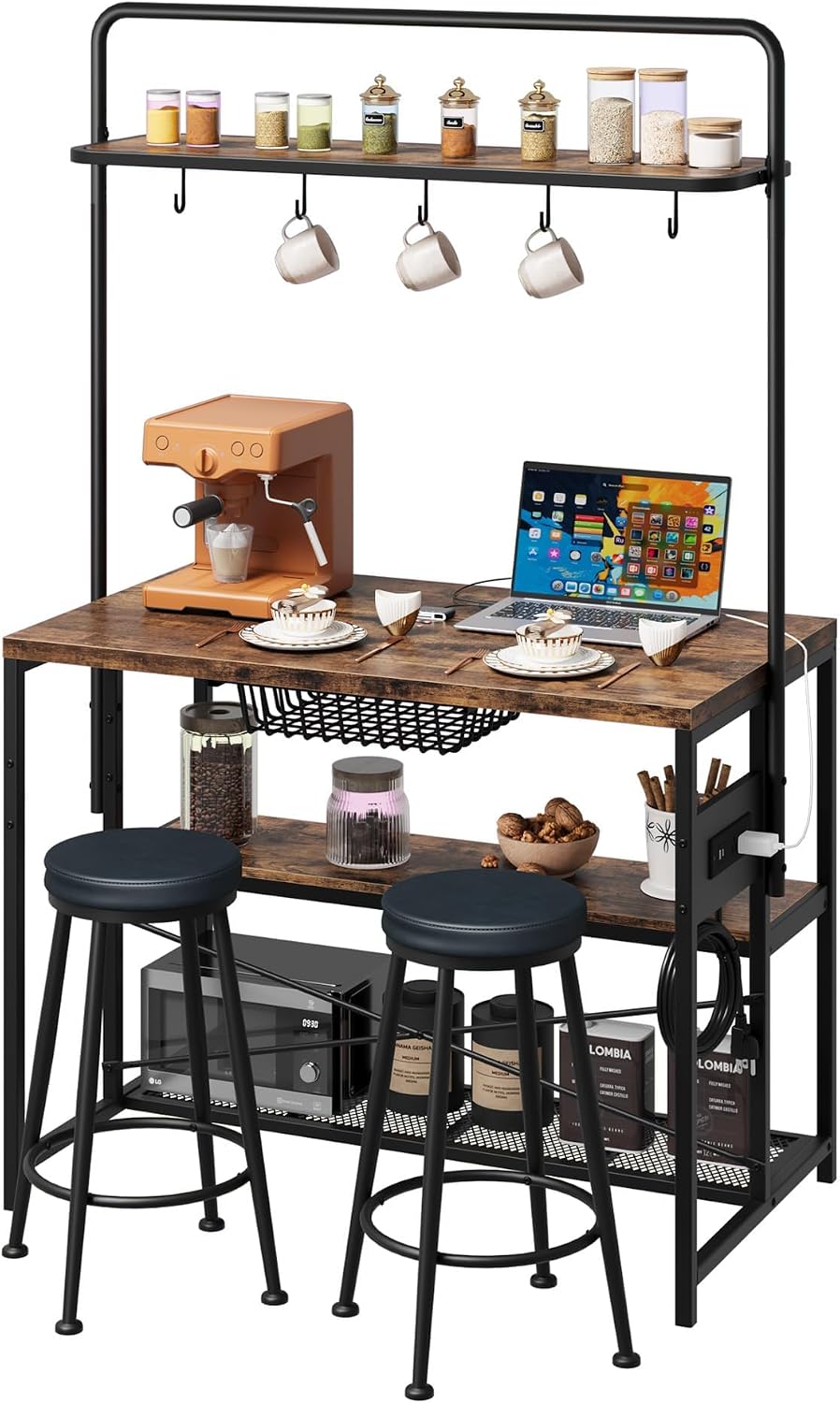 Industrial Kitchen Island Dining Table with Power Outlet, Retro | Microwave S...
