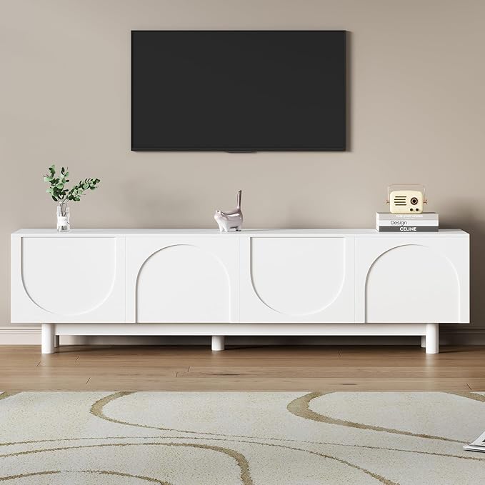 Ball & Cast Modern TV Stand with Arch Cabinets for TVs up to 78", Minimalist Entertainment Center w/Solid Wood Legs and Adjustable Shelves, Media Console for Living Room,White