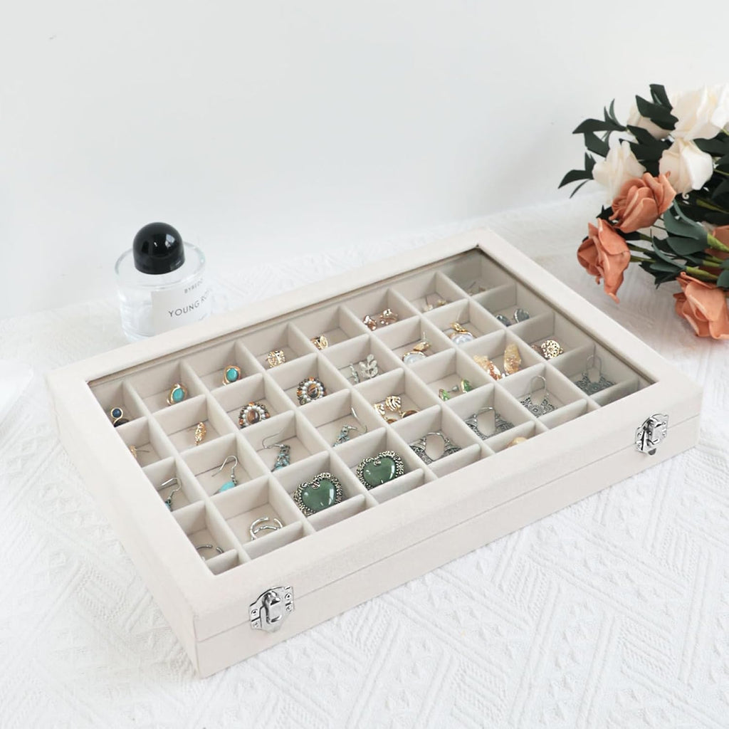 Wudygirl Large Jewelry Organizer Box with 40 Compartments Earring Holder Organizer Velvet Ring Display and Necklace Storage Tray Jewelry Box for Women (Beige Velvet)