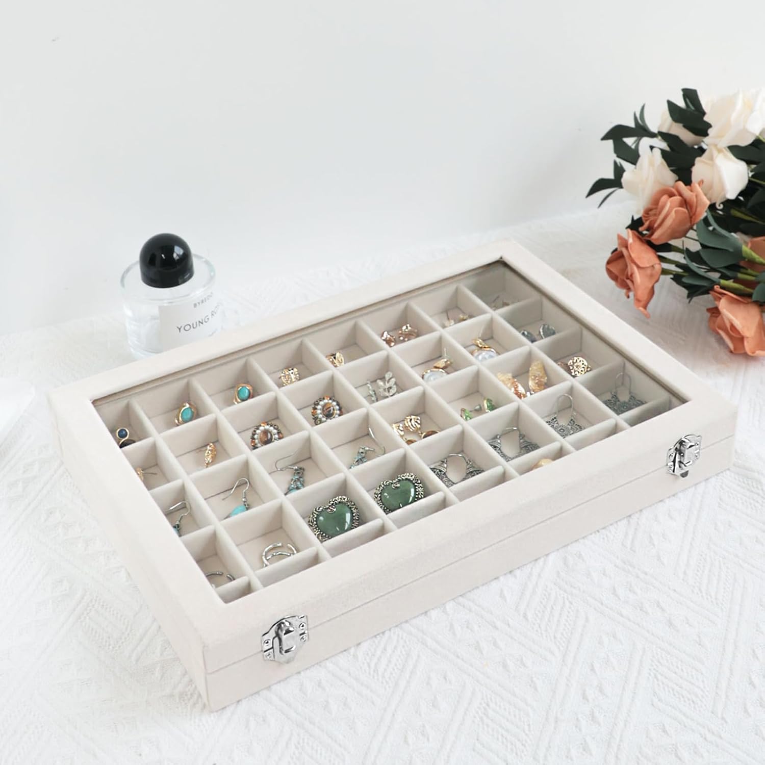 Wudygirl Large Jewelry Organizer Box with 40 Compartments Earring Holder Organizer Velvet Ring Display and Necklace Storage Tray Jewelry Box for Women (Beige Velvet)