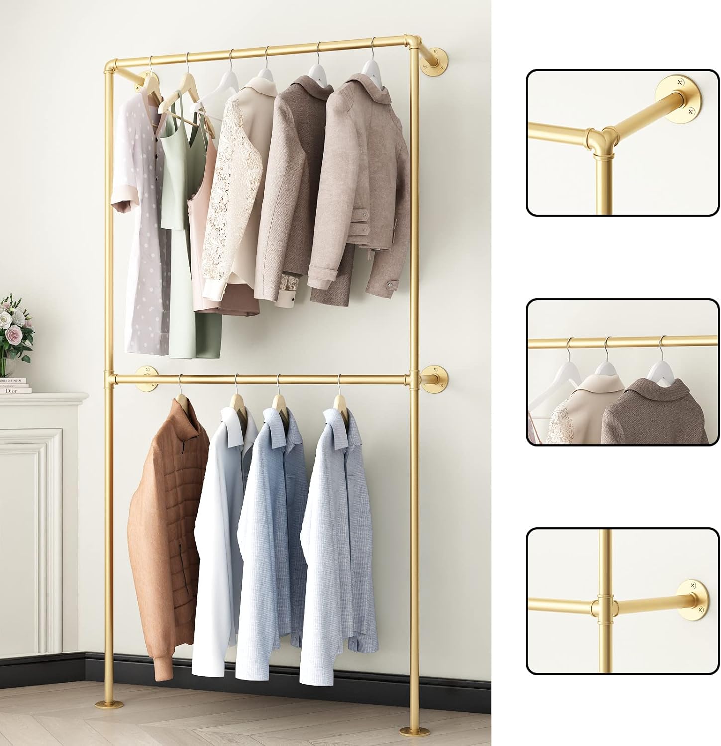 Gold Clothing Racks Wall Mount Clothes Rack, Heavy Duty Industrial Pipe Clothing Rack Retail Display Hanging Rod for Closet Storage, Laundry Room(Gold)