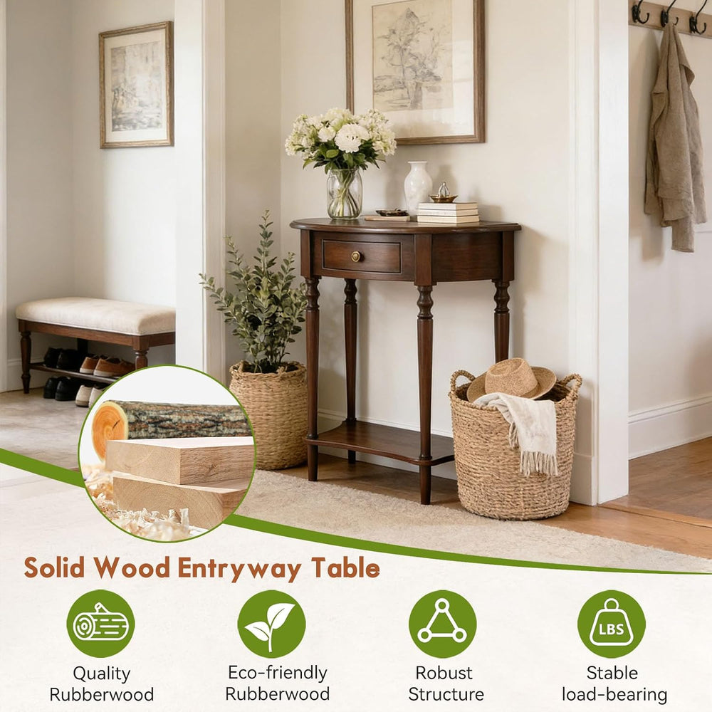 Half Moon Console Table Solid Wood Vintage Entryway Table with Storage Drawer...