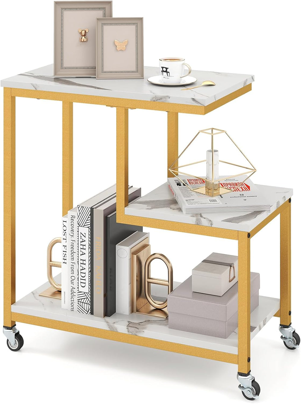 Giantex 3-Tier Side Table with Wheels, G-Shaped Mobile End Table with Open Sh...