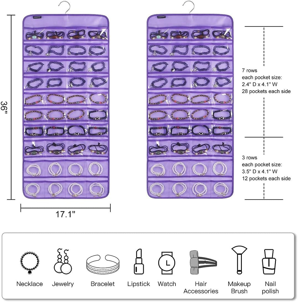 80 Pockets Hanging Jewelry Organizer for Holding Jewelries Dual-Sided Accessory Display Holder for Earrings Bracelets Rings (80 Pockets-Purple)