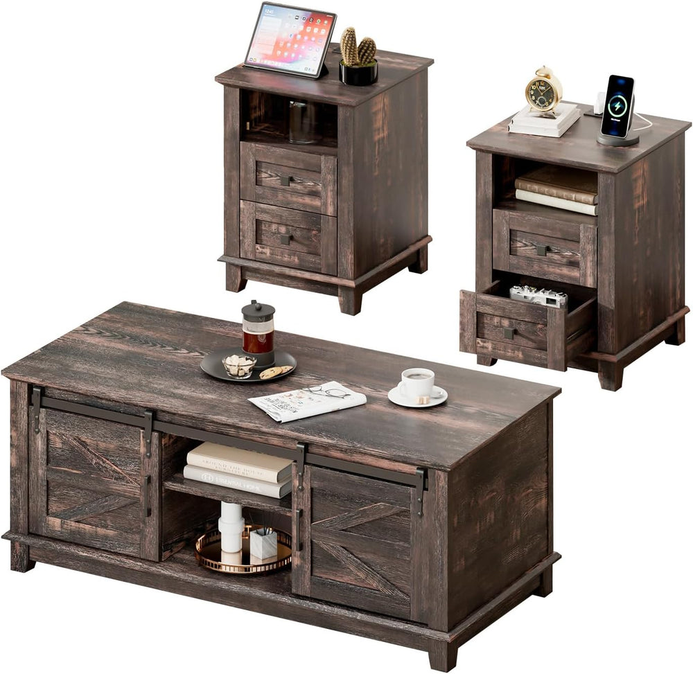 LUXOAK Farmhouse Table Set of 3, Coffee Table with Sliding Barn Doors, End Ta...