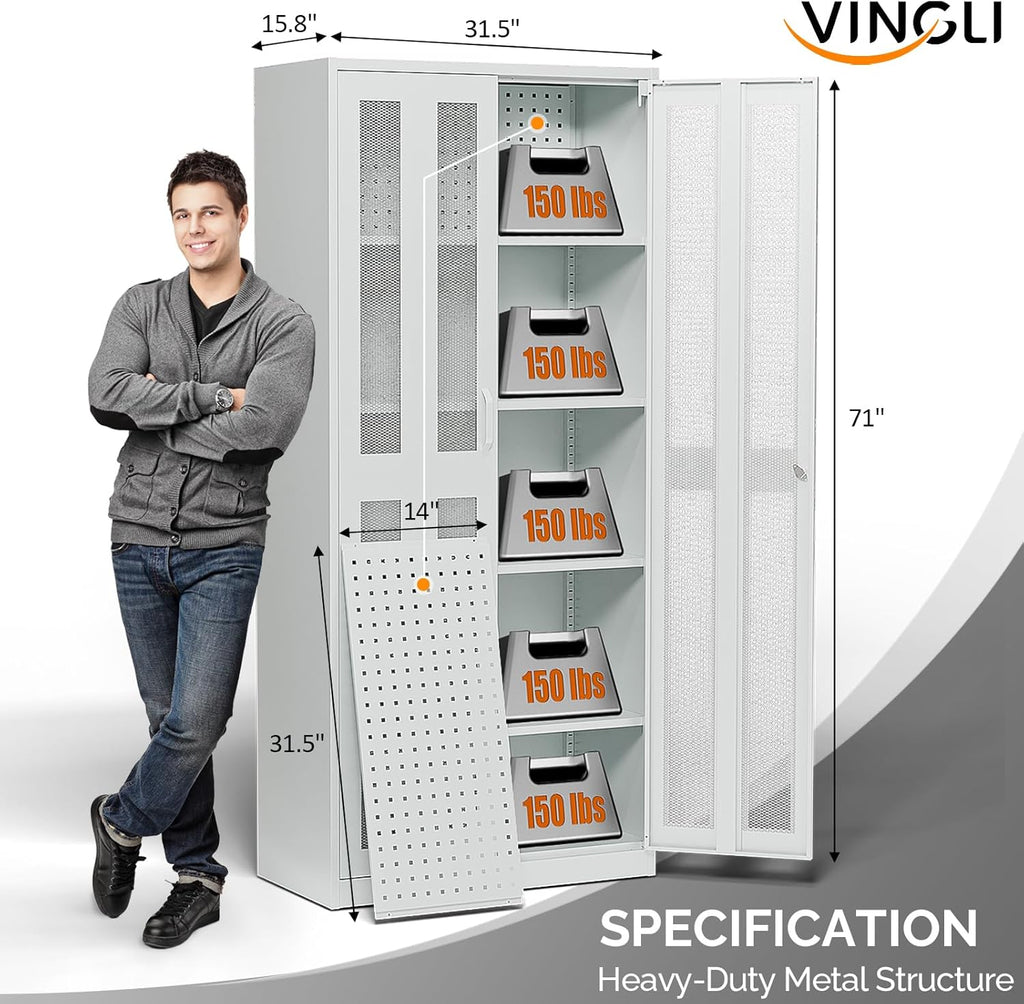 VINGLI Metal Garage Storage Cabinet with 2 Mesh Doors, Locking Steel Display Cabinet with Pegboards and 4 Adjustable Shelves, Ideal for Garage, Office, Pantry, Workshop(Gray, 32''W x 16''D x 71''H)