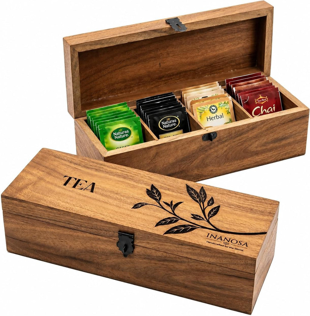 Handmade Acacia Wood Tea Organizer, 4 Compartment Tea Caddy Box with engraving