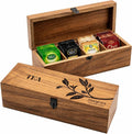Handmade Acacia Wood Tea Organizer, 4 Compartment Tea Caddy Box with engraving