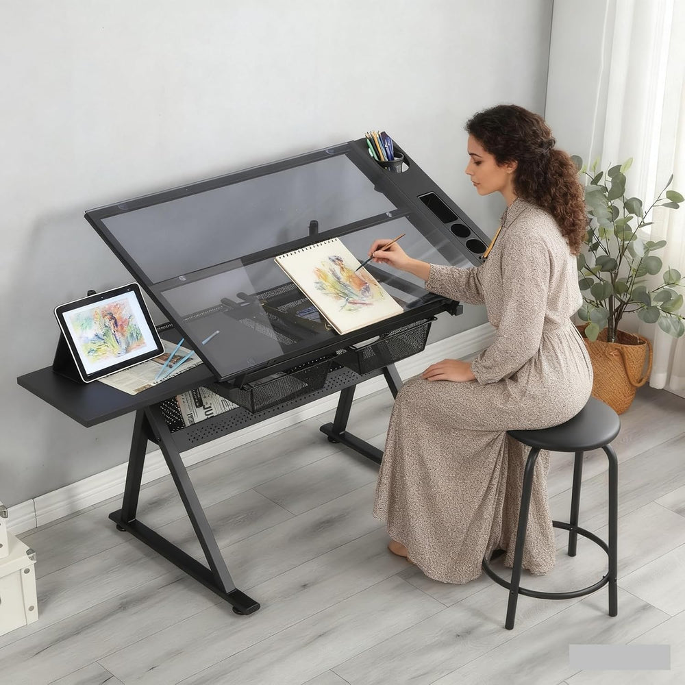 Drafting Table, Height Adjustable Art Tabe with Stool, Black | 0-75° Tilting ...