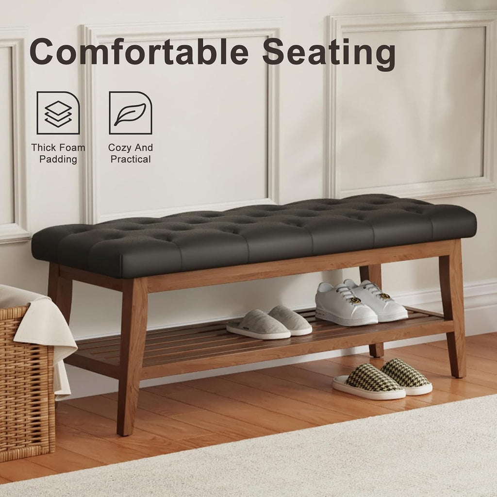 LEILISI Entryway Shoe Bench with Storage, End of Bed Bench, Microfiber Leather Upholstered Button-Tufted Seat Bench with Solid Wood Frame for Living Room, Bedroom (Black, 39.4'')