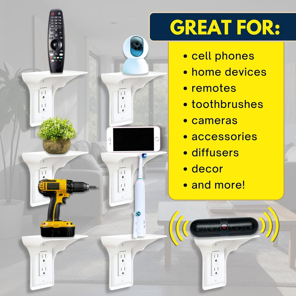 Power Perch Wall Outlet Shelf with Cord Storage Strap - Declutter & Reclaim Bathroom Counter Space - Alexa Stand, Apple Homepod Shelf, Toothbrush Holders Wall Mounted - White, 2-Pack