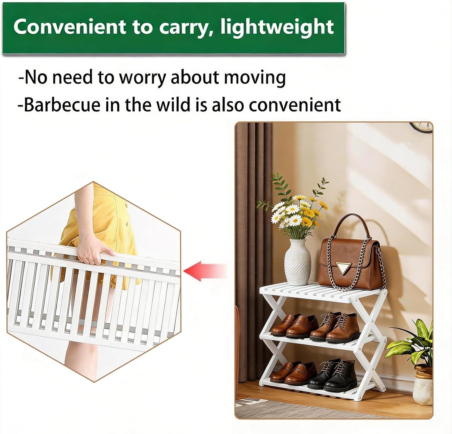 3 Tier Bamboo Shoe Rack White,Portable Folding Shoe Storage Rack,Without Installation Small Shoe Rack Perfect for Corridors, Drom, Bedrooms and Small Spaces