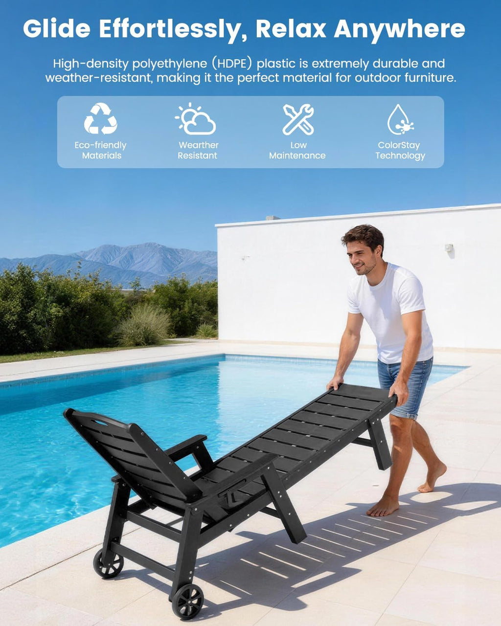 FOOWIN Chaise Lounge Chair Set of 2, HDPE Lounge Chair Outdoor with 5 Positions, Oversized Pool Lounge Chairs with Rolling Wheels & Cup Holder for Poolside Deck Backyard, Black
