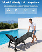 FOOWIN Chaise Lounge Chair Set of 2, HDPE Lounge Chair Outdoor with 5 Positions, Oversized Pool Lounge Chairs with Rolling Wheels & Cup Holder for Poolside Deck Backyard, Black