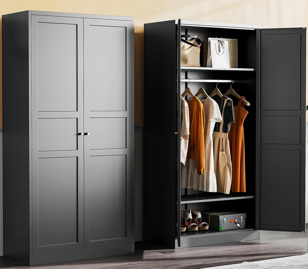 SISESOL Metal Wardrobe Cabinet with Hanging Rod,Black Armoire Wardrobe Closet...