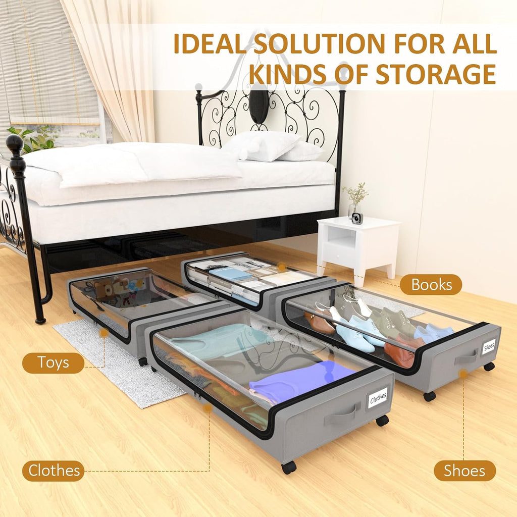 Large Under Bed Storage with Wheels, Under Bed Storage Containers, Under Bed Shoe Storage Organizer, Rolling Underbed Storage Containers for Bedroom Clothes Shoes Blankets, 4 Pack, Grey