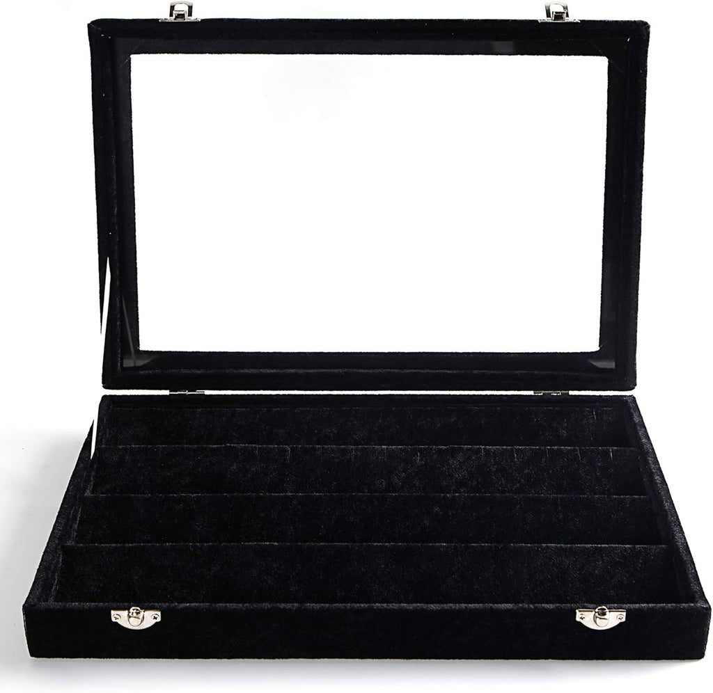 Frebeauty Earring Organizer Tray with Clear Lid 64 Slots Velvet Drawer Insert Earring Storage box with Transparent Glass lid Jewelry Display Case with lock Gifts for Women (Black, Earrings)