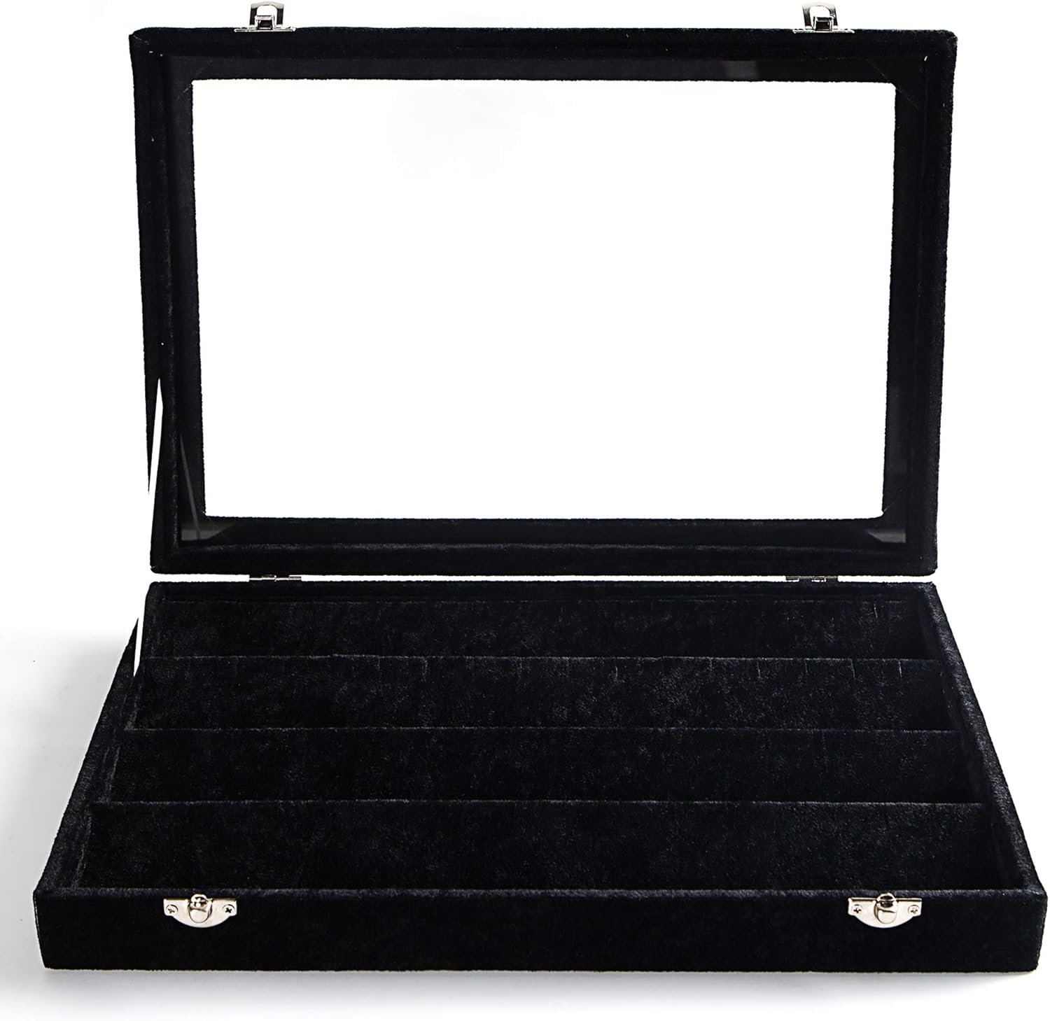 Frebeauty Earring Organizer Tray with Clear Lid 64 Slots Velvet Drawer Insert Earring Storage box with Transparent Glass lid Jewelry Display Case with lock Gifts for Women (Black, Earrings)
