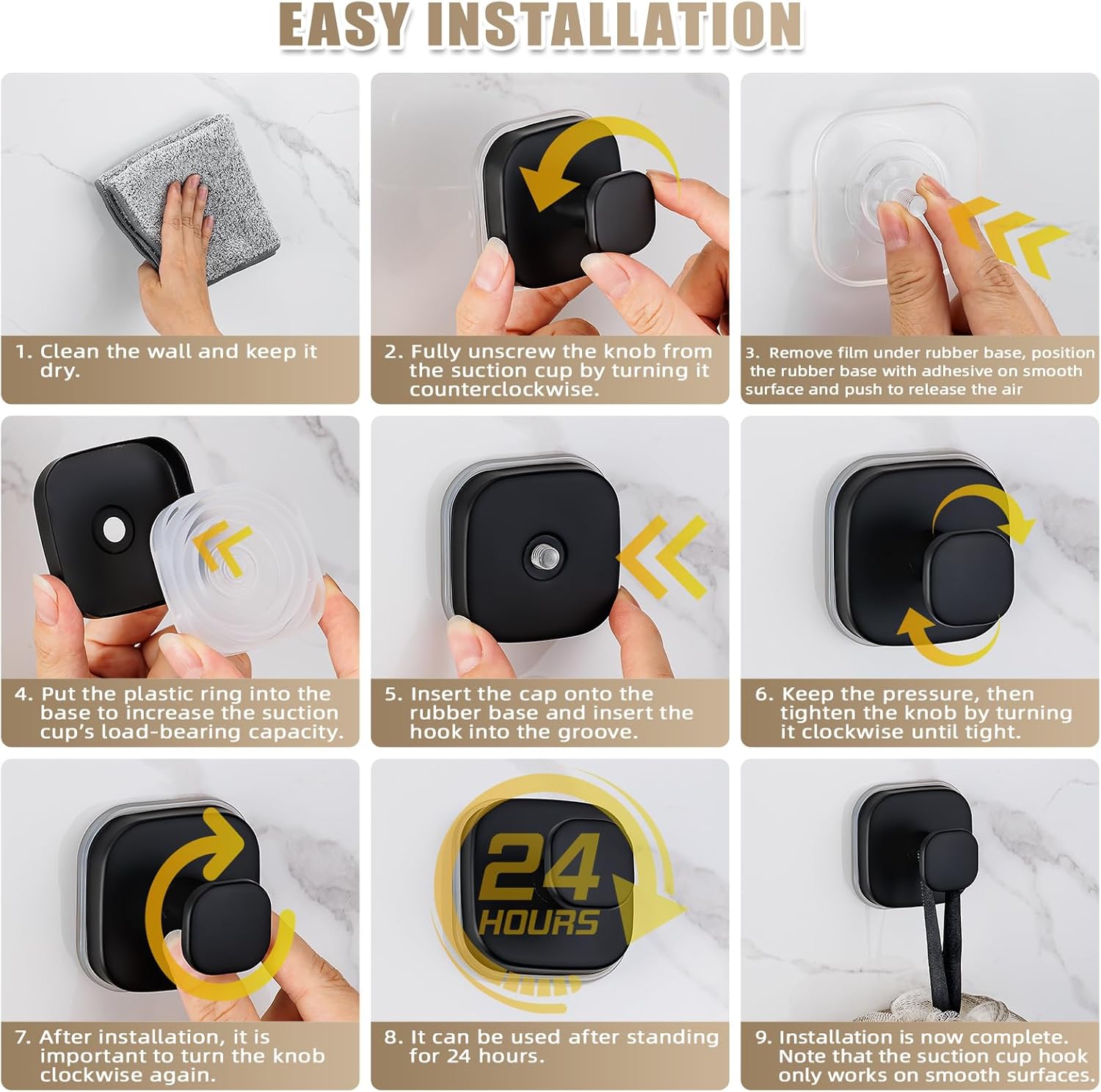 Suction Cup Hooks for Shower - Resuable Bathroom Hooks for Towels, Robes & Loofah - No-Drill Mounting on Kitchen,Walls,Metal,Glass,Mirrors,Tile & Smooth Non-Porous Surfaces (2, Matte Black)