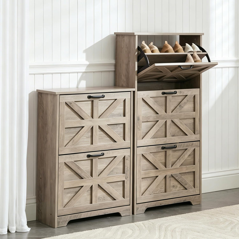 Shoe Cabinet with 2 Flip Drawers, Farmhouse Shoe Storage for Entryway, Wooden...