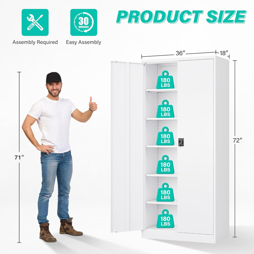 SISESOL Wide & Deep Metal Storage Storage Cabinet with 5 Adjustable Shelves,White Metal Cabinet with Lock,Steel Pantry Cabinets,72" Lockable Cabinets for Home,Office,Garage,Kitchen,Shop