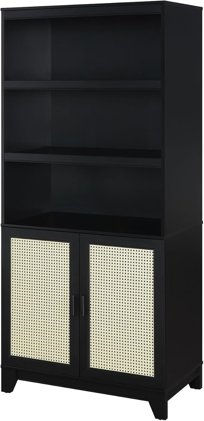 Manhattan Comfort Sheridan Modern Cane Bookcase with Adjustable Open Shelves, Soft Close Doors, and Concealed Compartments, Versatile 3 Tier Bookshelf Storage for Home and Office, Set of 1, Black