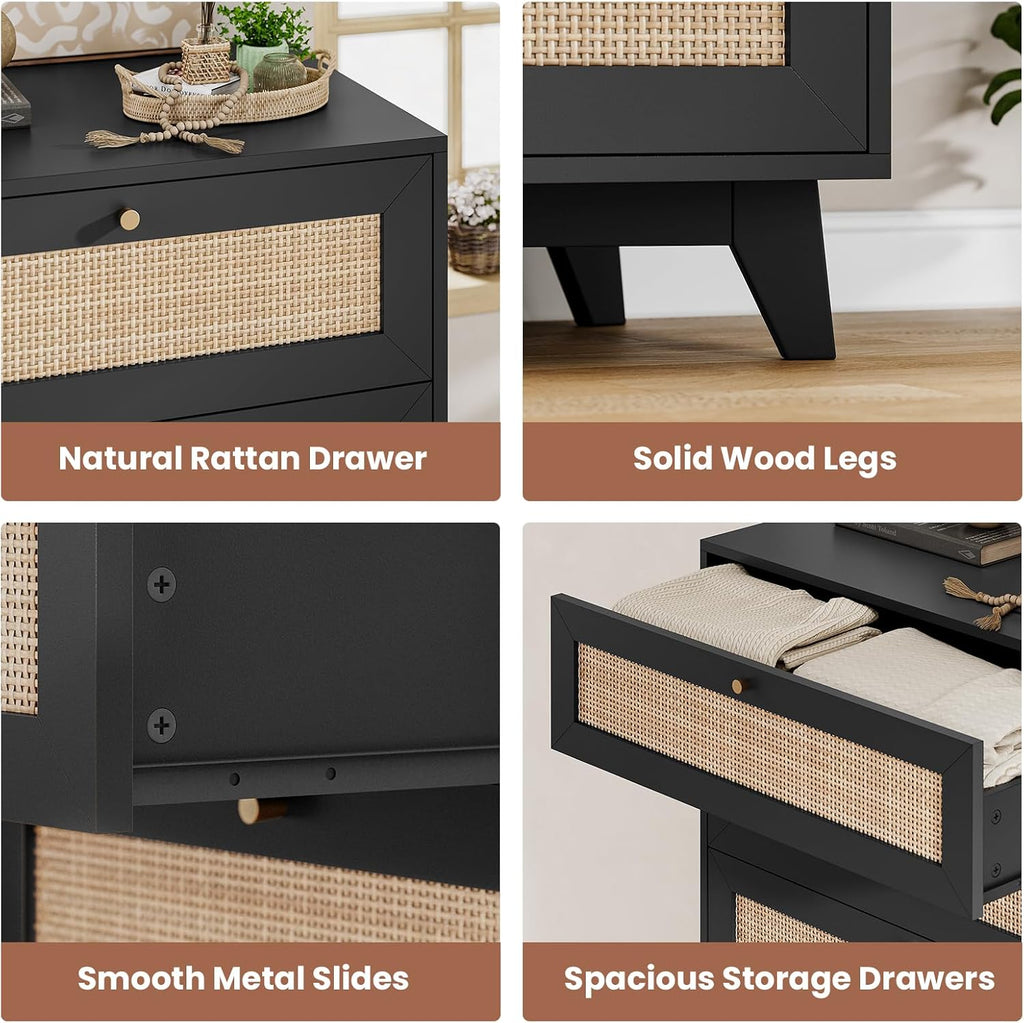 VIAGDO Rattan Nightstand with Charging Station, Black Rattan Night Stand with 3 Large Wicker Decorated Drawers, Boho Bedside Table, End Side Table, 3 Drawer Dresser for Bedroom