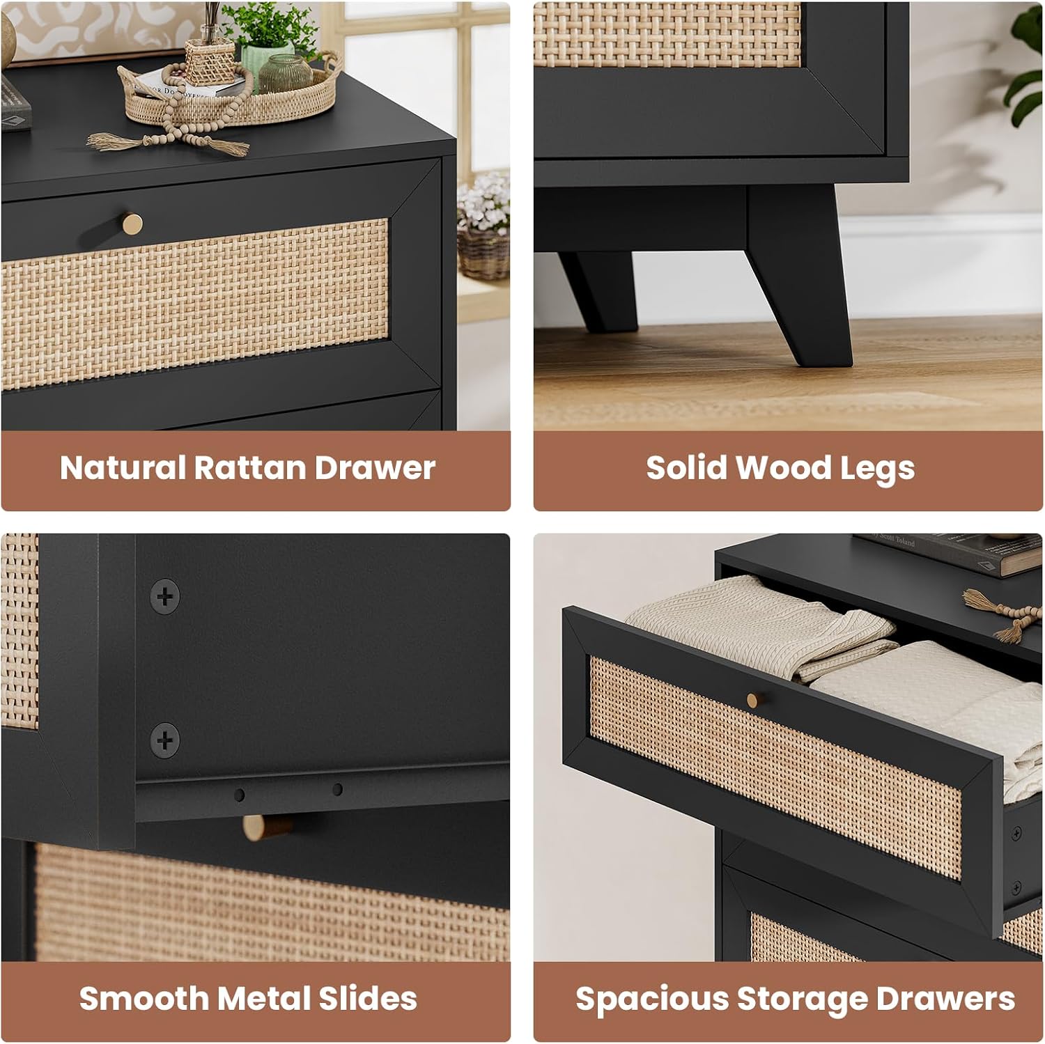 VIAGDO Rattan Nightstand with Charging Station, Black Rattan Night Stand with 3 Large Wicker Decorated Drawers, Boho Bedside Table, End Side Table, 3 Drawer Dresser for Bedroom