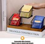 HTB Tea Organizer for Tea Bags, Tea Bag Holder with Acacia Wood Stand and 3 Removable Metal Basket for Sugar Packets, Sweeteners, Creamers for Cabinet, Countertop