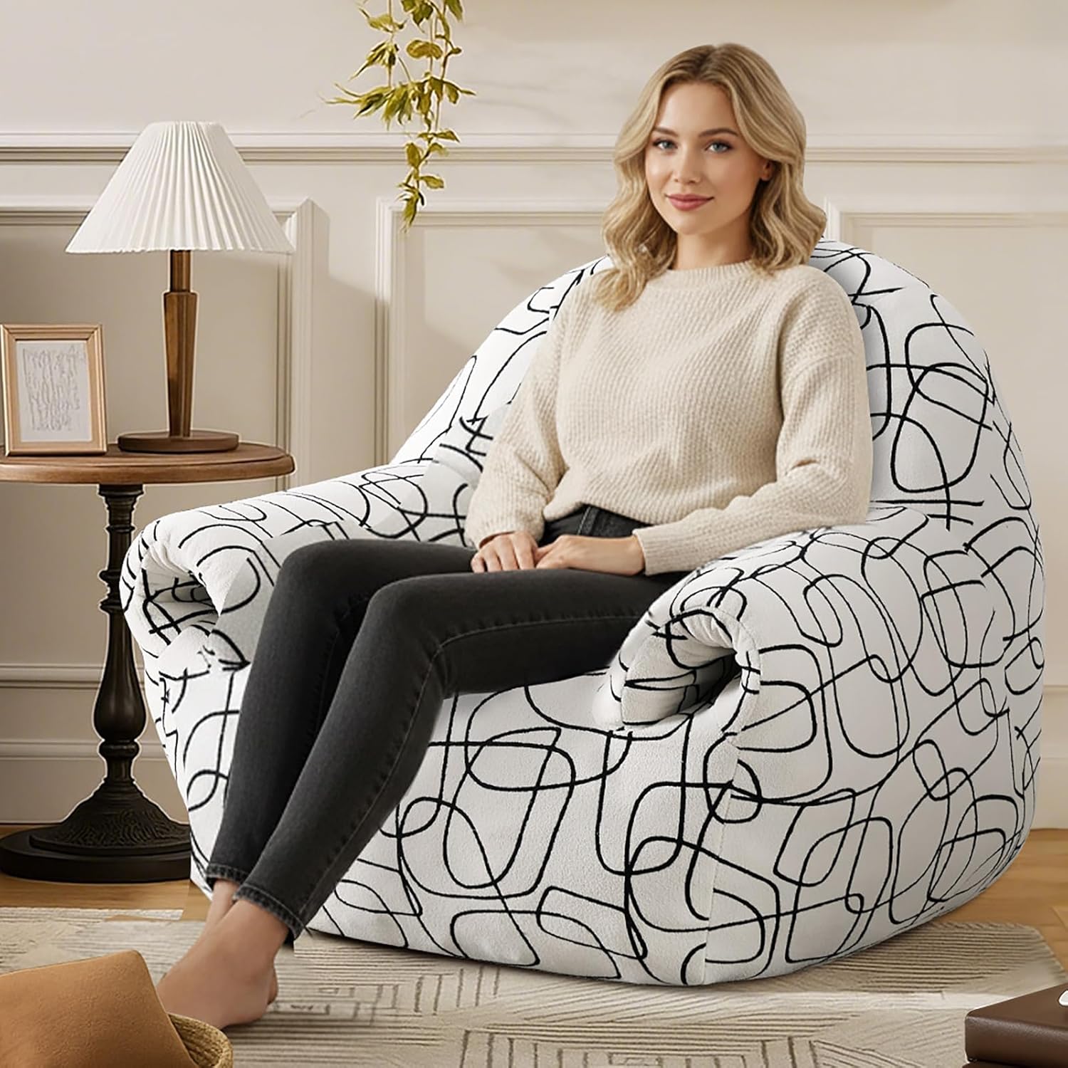 Peace nest Bean Bag Chair with Memory Foam Filled Ultra Soft Jacquard Pattern Cover for Adults Comfy Fur Bean Bag Chairs with Armrests for Bedroom Living Room Office Dorm Reading Lines