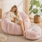 Pink Flower Bean Bag Chair with Ottoman, Fuax Fur Comfy Reading Chair for Bedroom, Fluffy Plush Floor Lazy Sofa for Living Room, Reading Nook