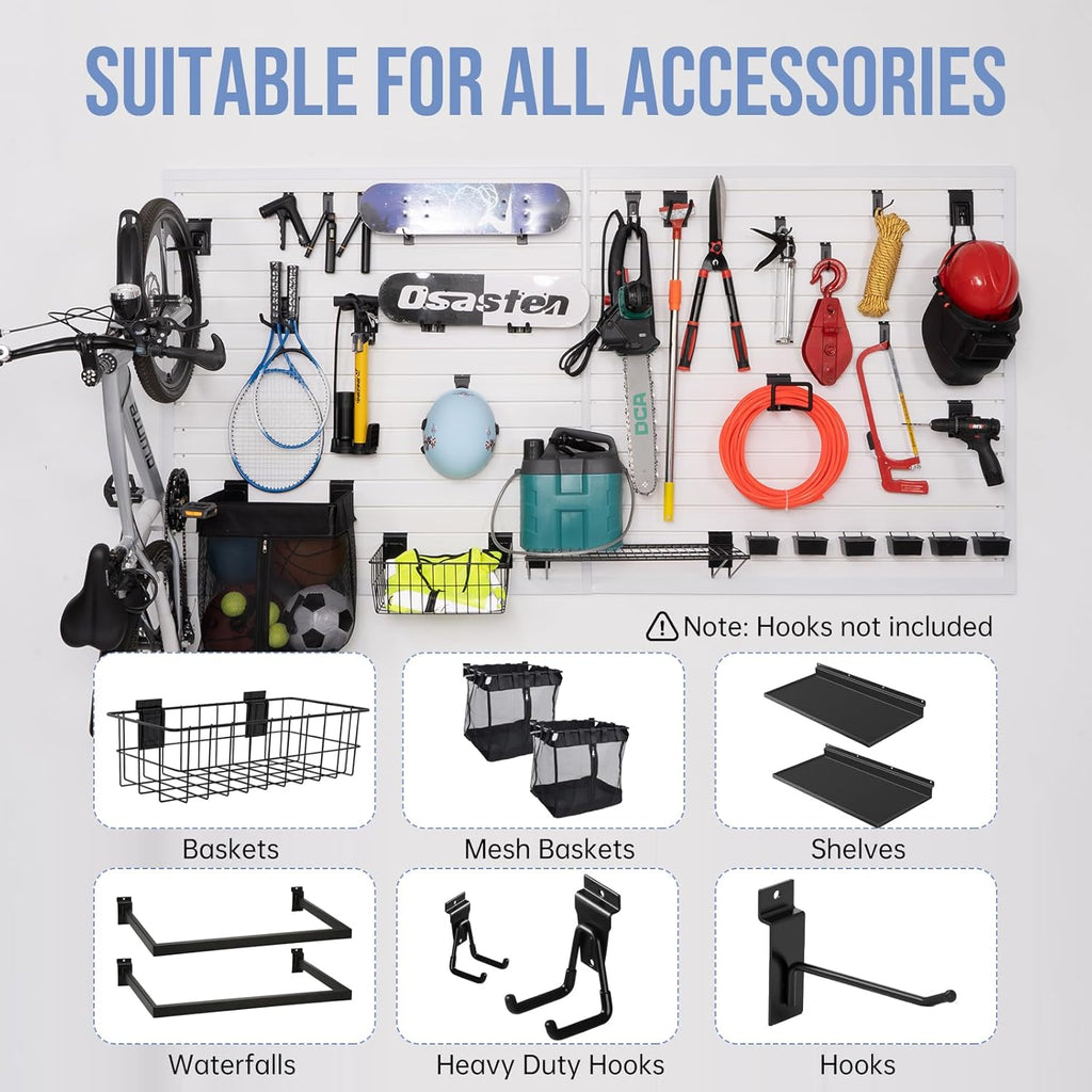 Slatwall Panels Garage Slat Wall Storage Systems 4'x 8', Slat Wall Paneling Garage Wall Organizer, White Slat Board PVC Wall Panels Slatwall Displays Garage Tool Organizer Wall Mount Ladder Bike Rack