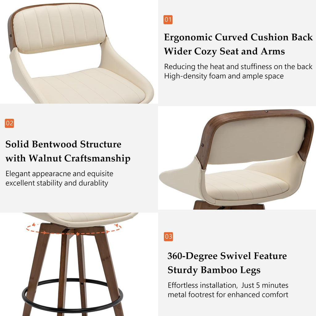 Set of 2 Bar Height Stools - 29.5 inch Mid Century Swivel Bar Stools with Upholstered Faux Leather, Walnut Crafts, Bamboo Legs, Kitchen Island Stools for Kitchen/Cafe/Pub/Island (Walnut Beige)