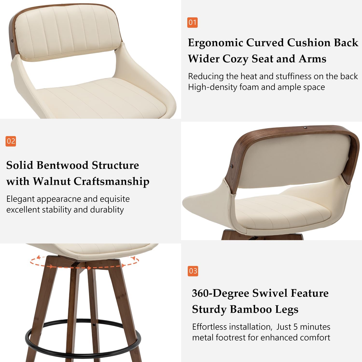 Set of 2 Bar Height Stools - 29.5 inch Mid Century Swivel Bar Stools with Upholstered Faux Leather, Walnut Crafts, Bamboo Legs, Kitchen Island Stools for Kitchen/Cafe/Pub/Island (Walnut Beige)