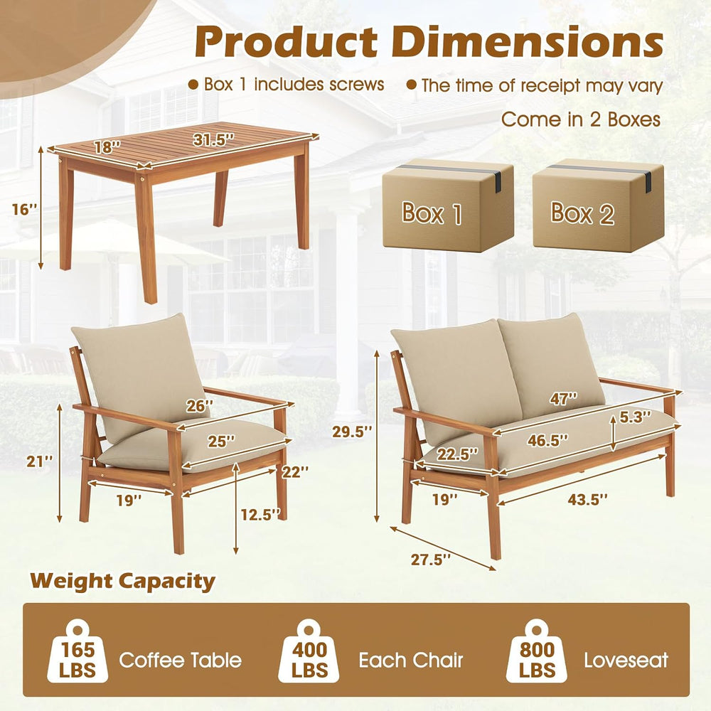 Tangkula 4 Pieces Patio Furniture Set, Outdoor Acacia Wood Conversation Set w...