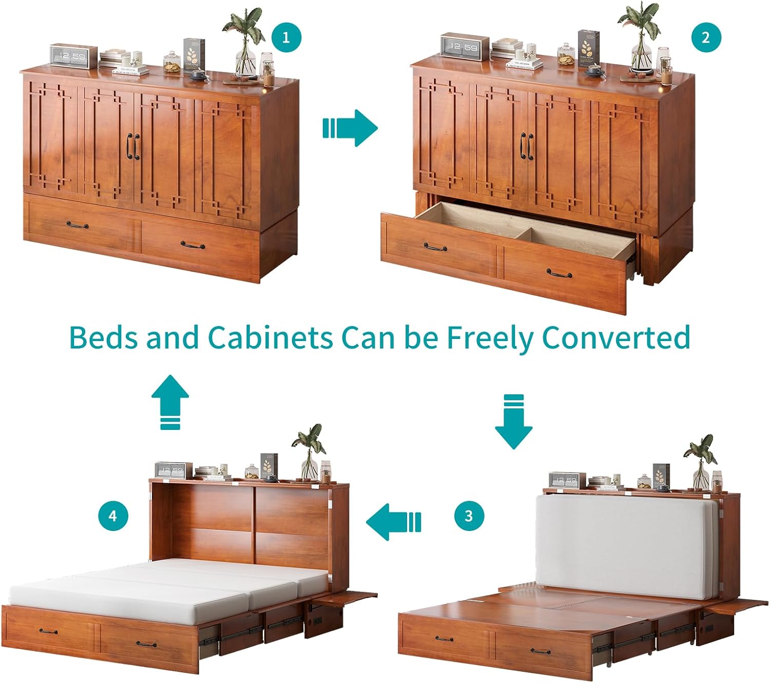 BALUS Queen Murphy Bed with Mattress Included, Chest Murphy Bed -Cherry | Tri-Fold Mattress, USB Charing Station, Spacious Drawer, Space Saving, Queen Bed Frame