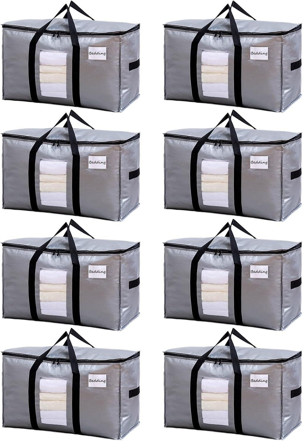 TAILI Extra Large Moving Bags, 8 Pack Silver Heavy Duty Totes for Storage with Visible Window, Wrap Around Handles, Storage Bags for Space Saving, Alternative to Moving Boxes