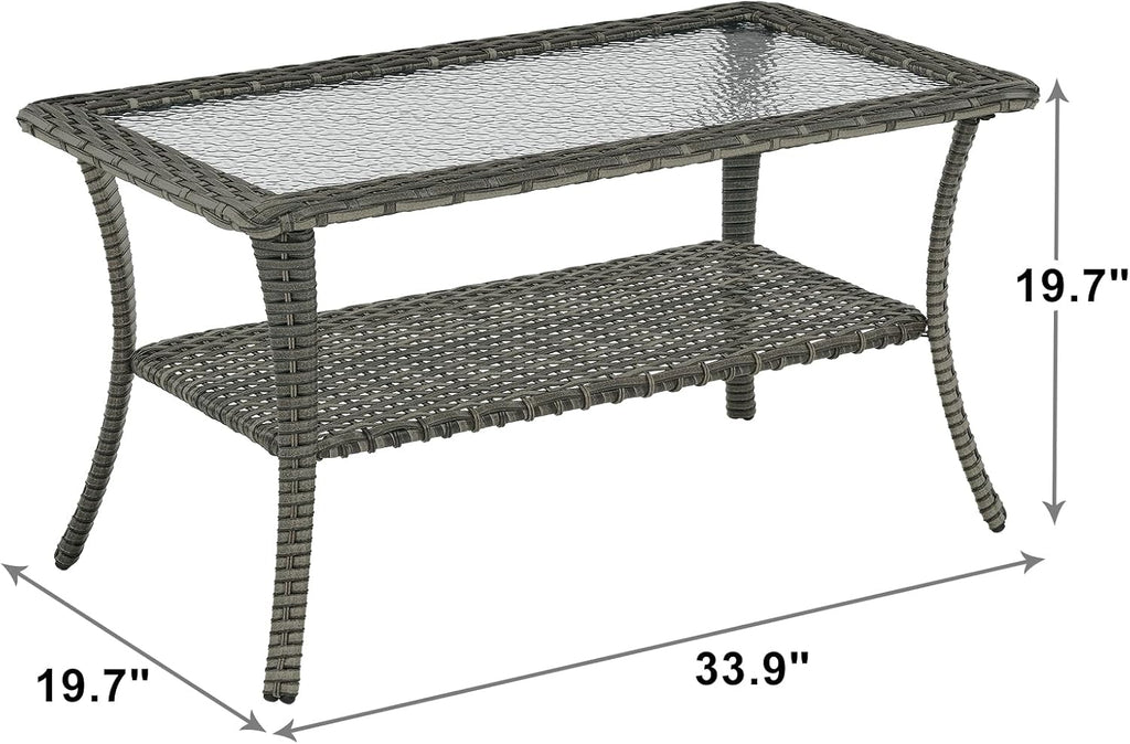 Rilyson Patio Tables Outdoor Coffee Table - Wicker Rattan Coffee Tables with 2-Tier Storage Shelf Glass Top for Outside Proch Deck Balcony Garden Rectangle Mixed Grey