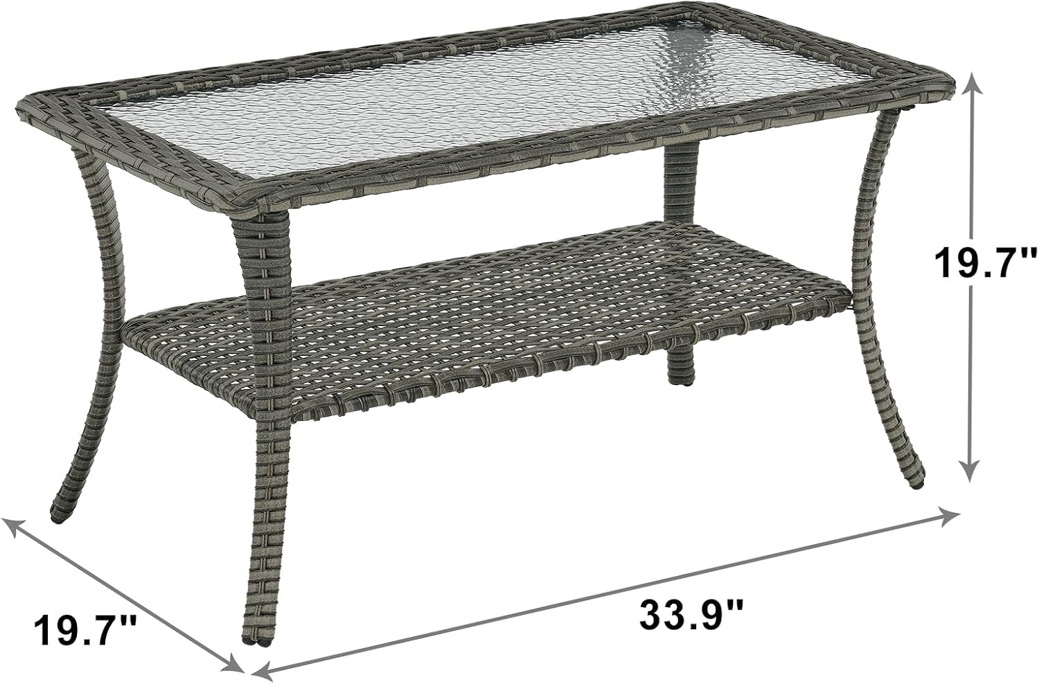 Rilyson Patio Tables Outdoor Coffee Table - Wicker Rattan Coffee Tables with 2-Tier Storage Shelf Glass Top for Outside Proch Deck Balcony Garden Rectangle Mixed Grey