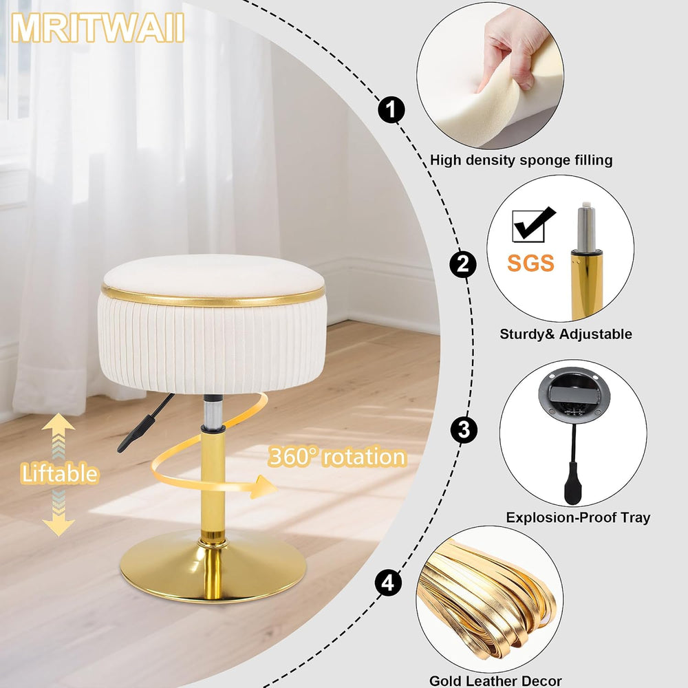 Adjustable Vanity Stool, Velvet Makeup Stool with Storage Beige | Small Vanit...
