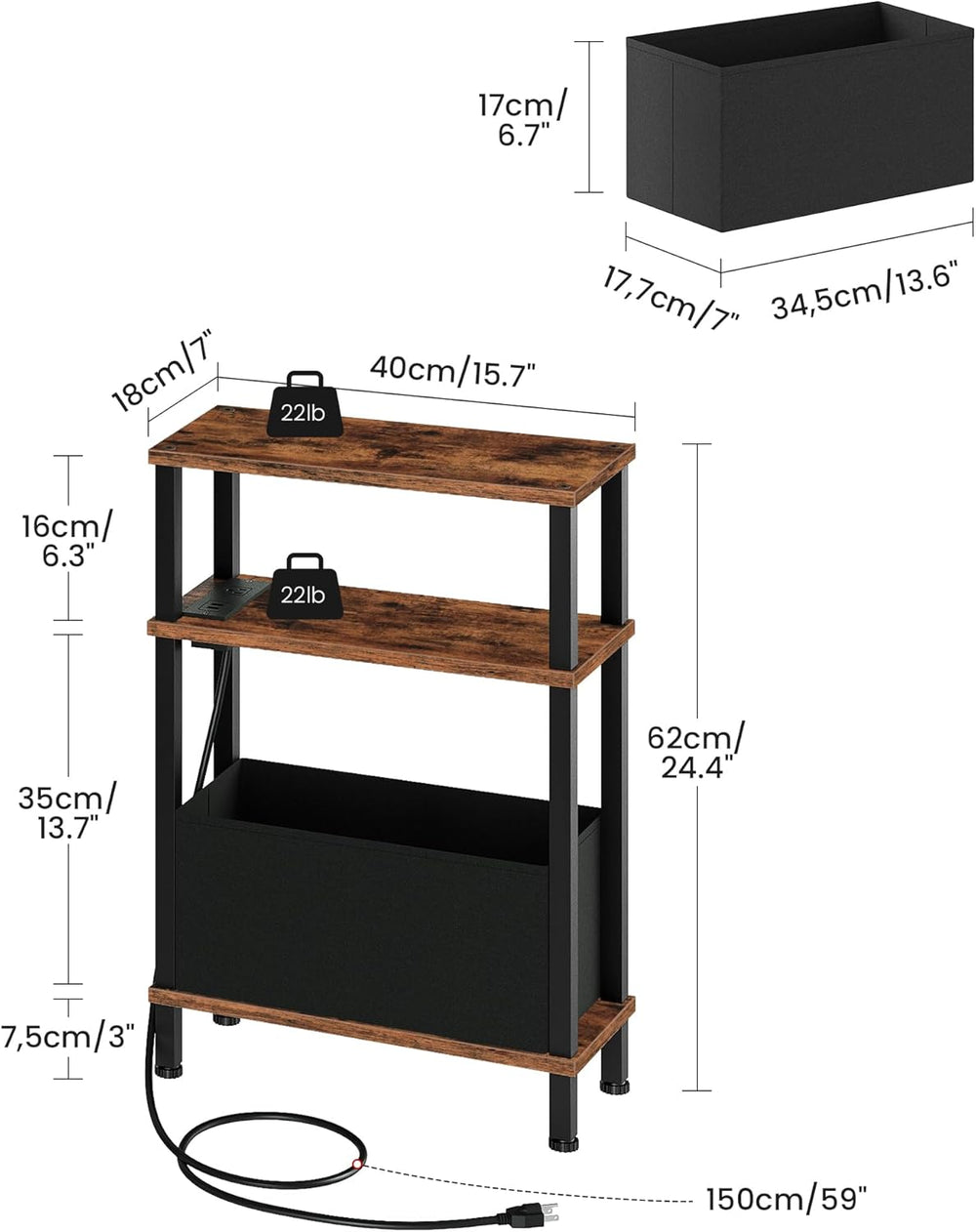 CHOEZON Narrow Nightstand and Narrow Skinny Side Table with Charging Station ...