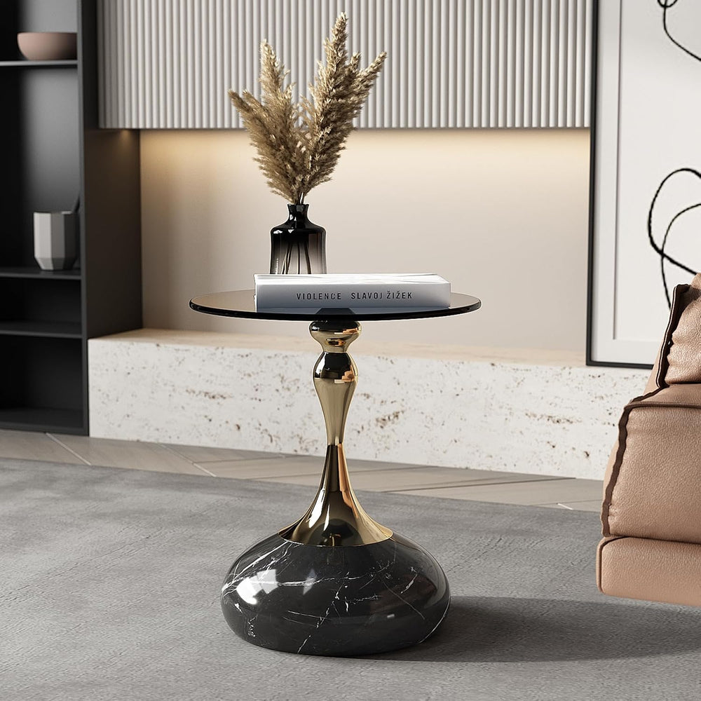 Lartis 10mm Gray Tempered Glass Side Table with Marble-Finish Base & Nano...