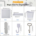 PSLER 4PCS Pegboard Wall Organizer White Peg Boards for Desk, Office & Gaming Setup Space-Saving Peg Board Kit with Hooks for Keys, Storage Box, Partition