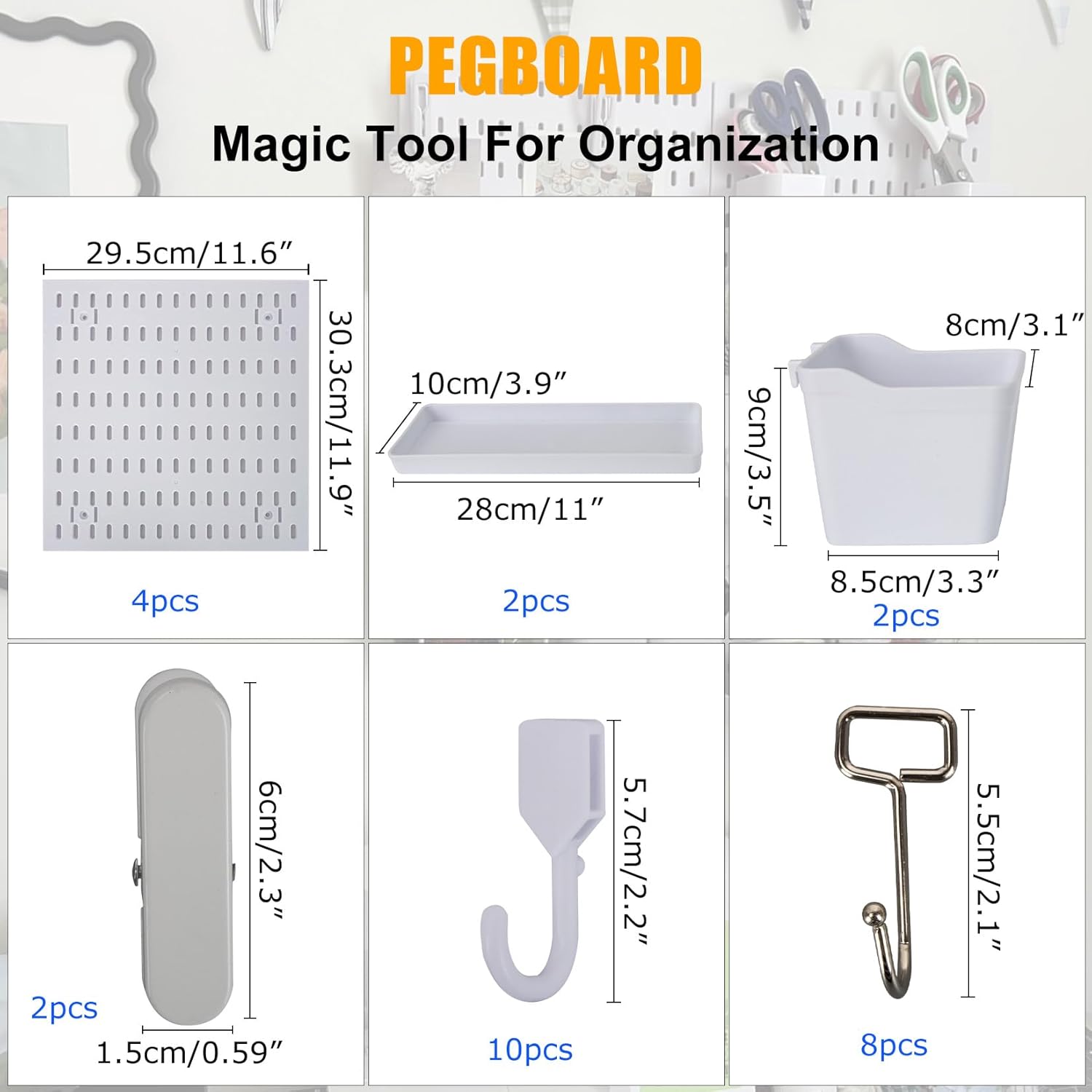 PSLER 4PCS Pegboard Wall Organizer White Peg Boards for Desk, Office & Gaming Setup Space-Saving Peg Board Kit with Hooks for Keys, Storage Box, Partition