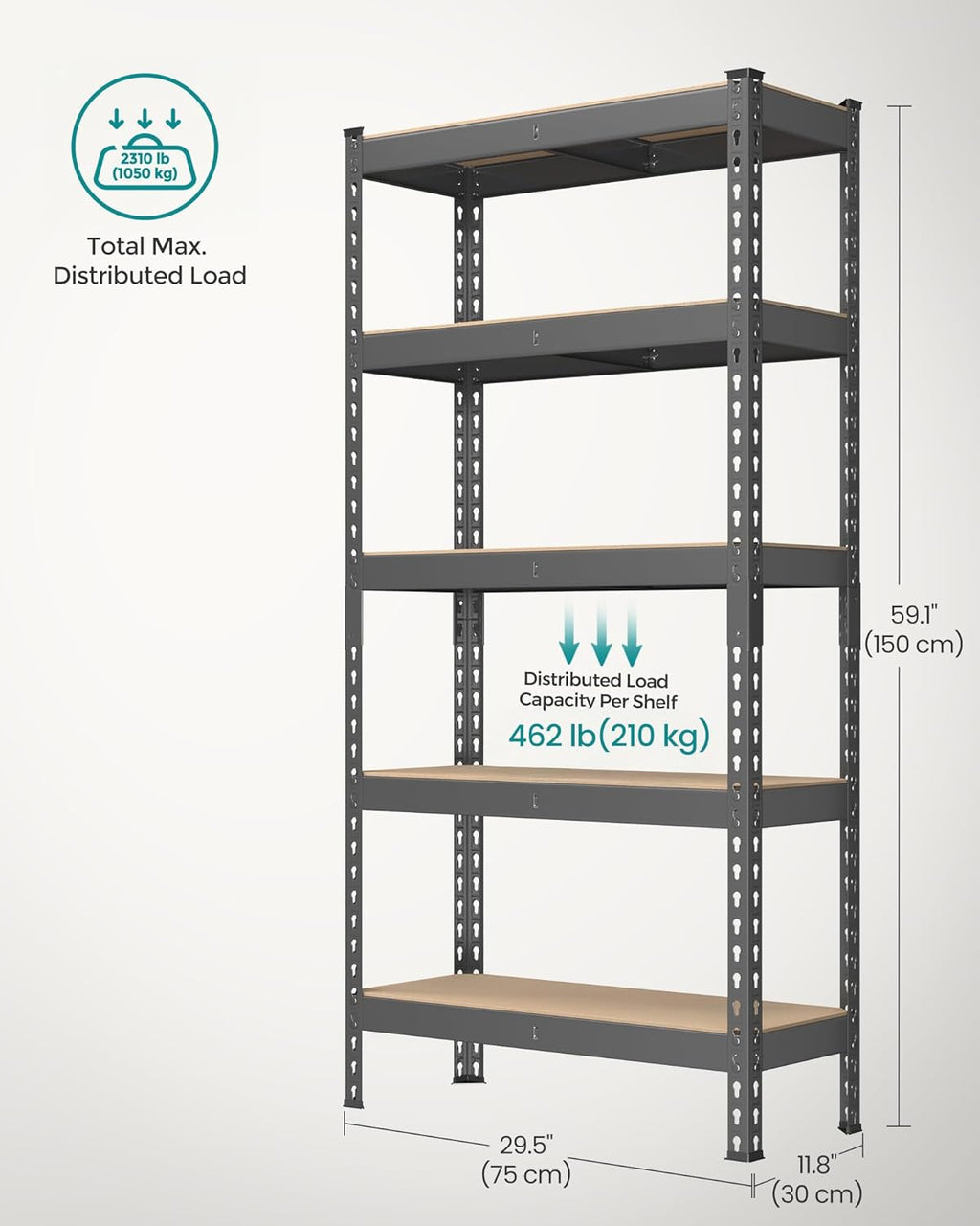 SONGMICS 5-Tier Storage Shelves, Load 2310 lb, Garage Storage, Boltless Assembly, Adjustable Shelving Unit, 11.8 x 29.5 x 59.1 Inches, for Study Shed Basement, Gray and Natural Beige UGLR300G01